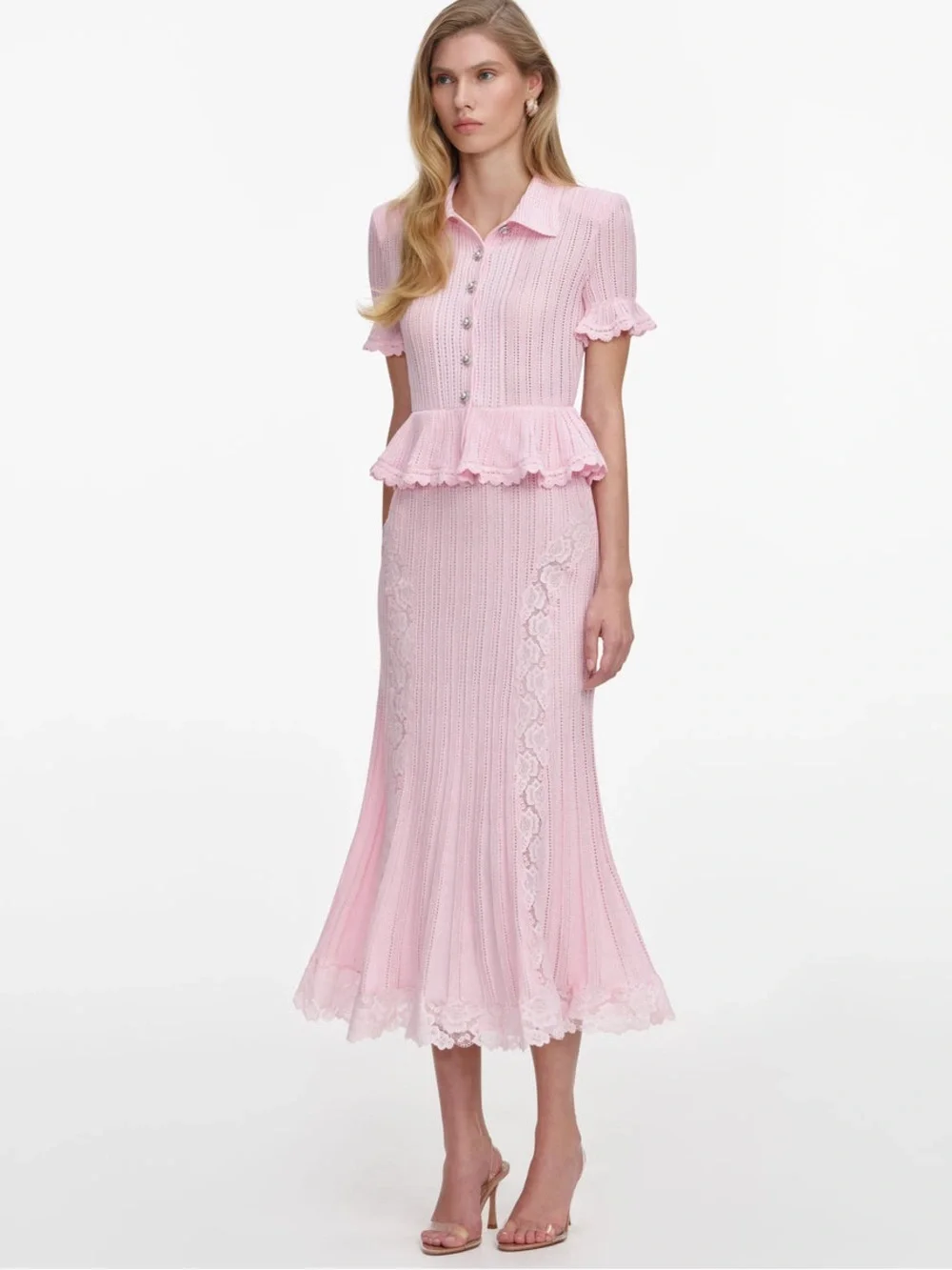 NWOT Self-Portrait PINK POINTELLE PEPLUM KNIT MIDI DRESS - Picture 4 of 11